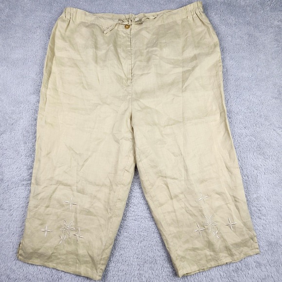 Linen 3 Pc Set Floral Eyelet Jacket Shell Pant Womens 5XL Tan Lagenlook Boho VTG - Picture 10 of 14